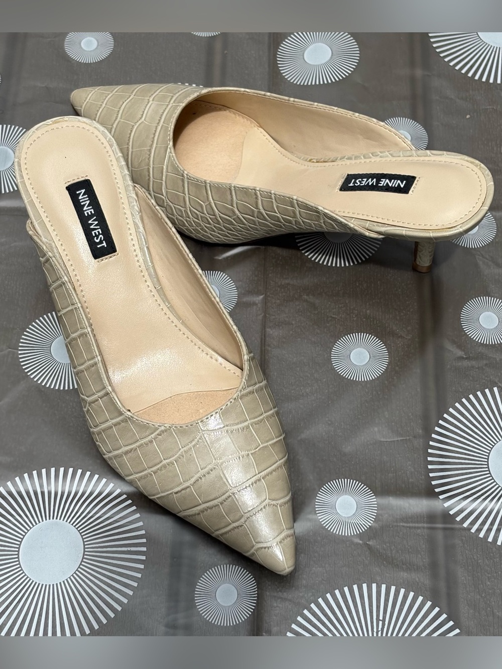 Nine West Taupe Croc-Embossed Angle Pointed Toe Slip-On Heeled Mules